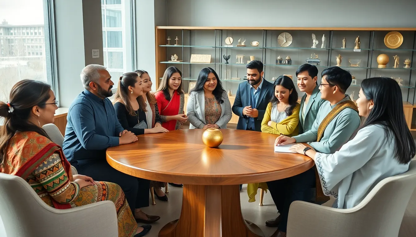 diverse individuals discussing cultural traditions in a modern center.